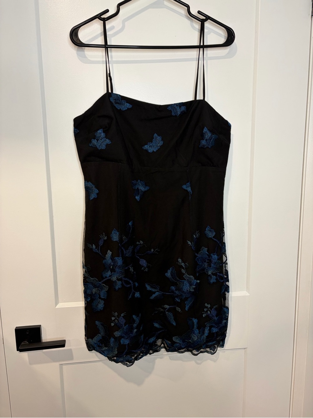 G by Guess Black Mini Dress with Blue Floral Embroidery